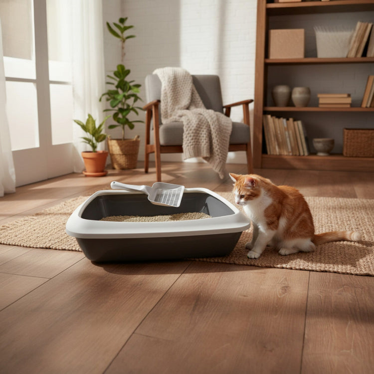 Katzentoilette mit Katzenstreu und Katzenstreuschaufel